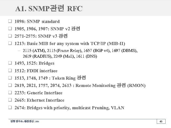 A 1. SNMP관련 RFC q 1098: SNMP standard q 1905, 1906, 1907: SNMP v