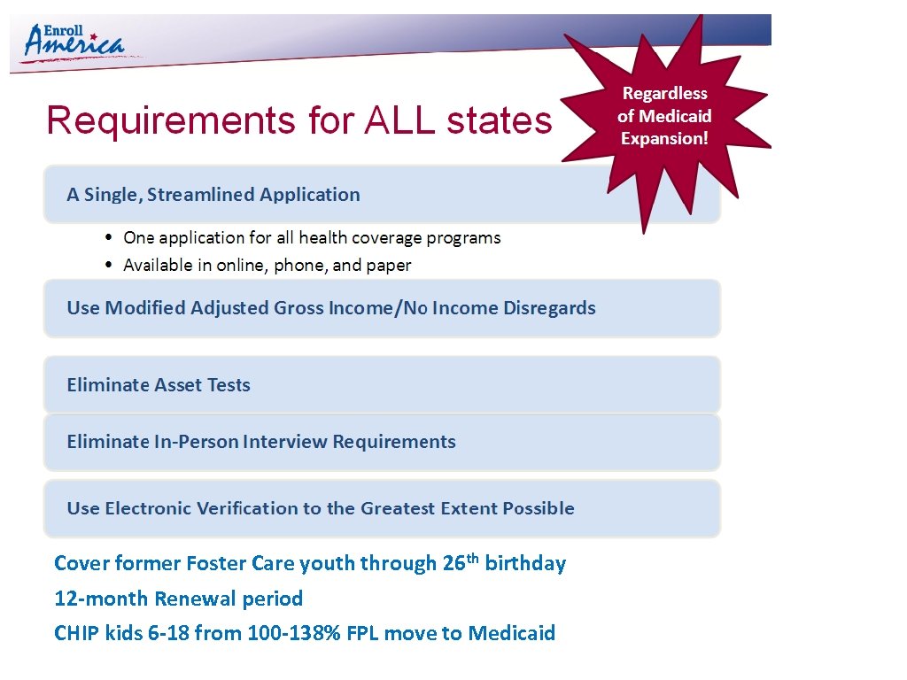Cover former Foster Care youth through 26 th birthday 12 -month Renewal period CHIP