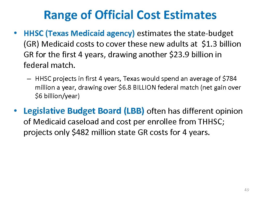 Range of Official Cost Estimates • HHSC (Texas Medicaid agency) estimates the state-budget (GR)