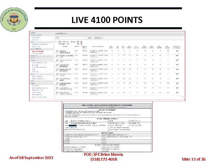 LIVE 4100 POINTS As of 08 September 2013 POC: SFC Brian Manny (518) 272