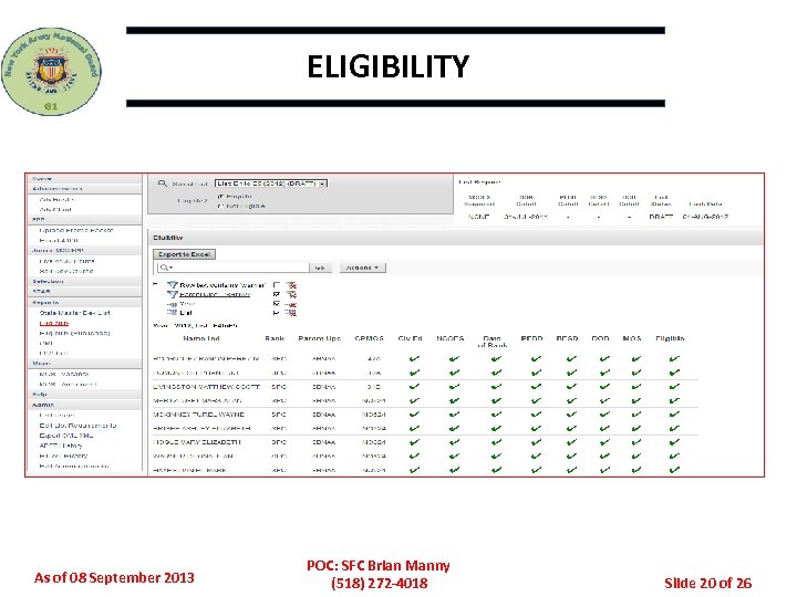 ELIGIBILITY As of 08 September 2013 POC: SFC Brian Manny (518) 272 -4018 Slide