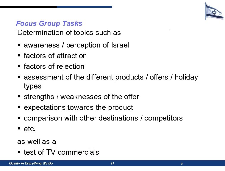 Focus Group Tasks Determination of topics such as § § § § awareness /