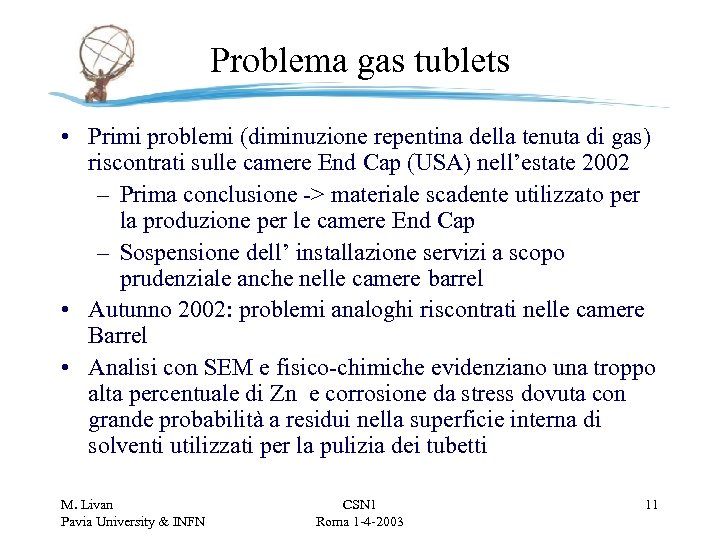 Problema gas tublets • Primi problemi (diminuzione repentina della tenuta di gas) riscontrati sulle