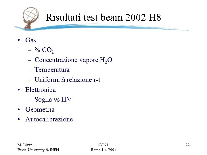 Risultati test beam 2002 H 8 • Gas – % CO 2 – Concentrazione