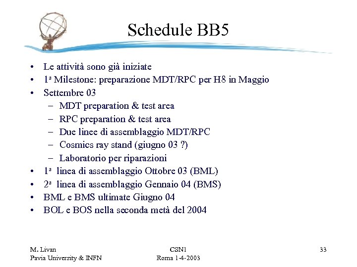 Schedule BB 5 • Le attività sono già iniziate • 1 a Milestone: preparazione