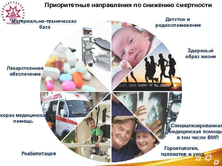 Приоритетные направления по снижению смертности Материально-техническая база Детство и родовспоможение Здоровый образ жизни Лекарственное