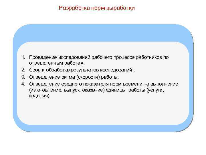 Разработка норм выработки 1. Проведение исследований рабочего процесса работников по определенным работам. 2. Свод