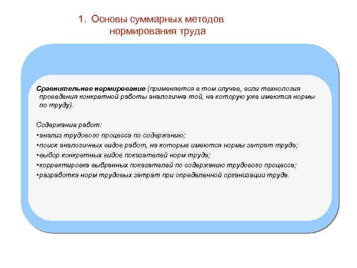 1. Основы суммарных методов нормирования труда Сравнительное нормирование (применяется в том случае, если технология