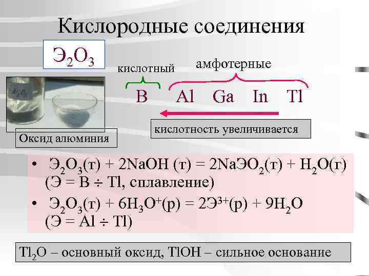 Кислородные соединения Э 2 О 3 кислотный амфотерные B Al Ga In Tl Оксид