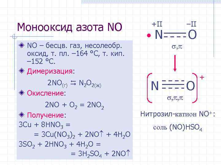 Монооксид азота NO NO – бесцв. газ, несолеобр. оксид, т. пл. – 164 °С,