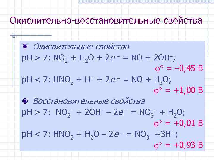 Окислительно-восстановительные свойства Окислительные свойства р. Н > 7: NO 2–+ H 2 O +