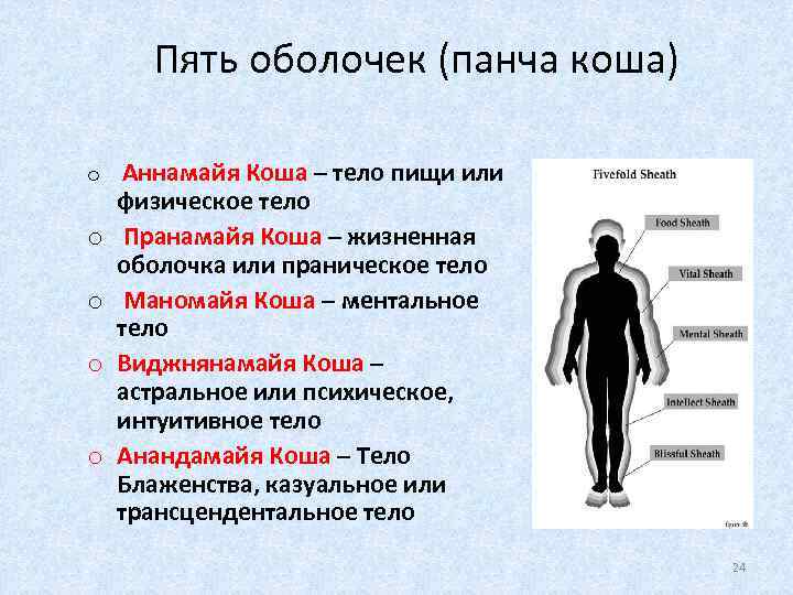 Пять оболочек (панча коша) o Аннамайя Коша – тело пищи или o o физическое