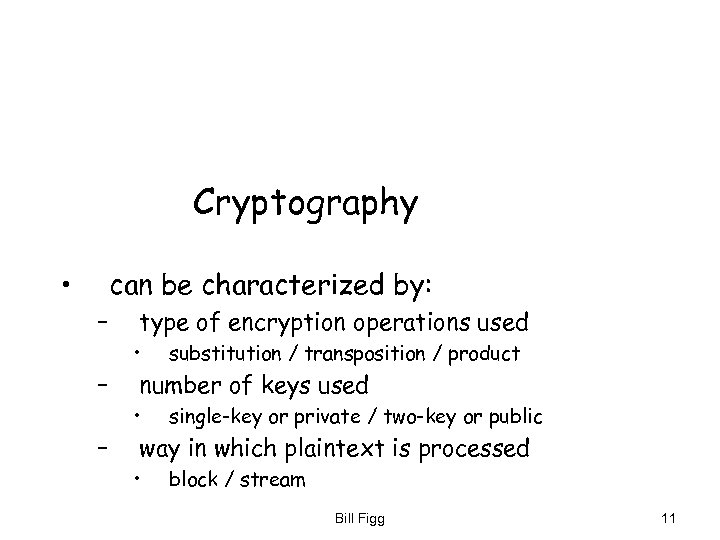 Cryptography • can be characterized by: – type of encryption operations used • –