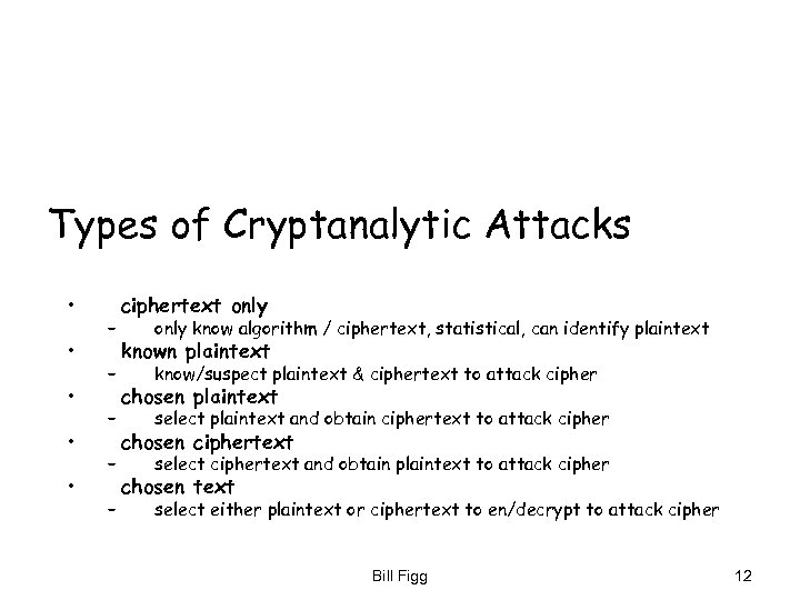 Types of Cryptanalytic Attacks • • • – – – ciphertext only know algorithm