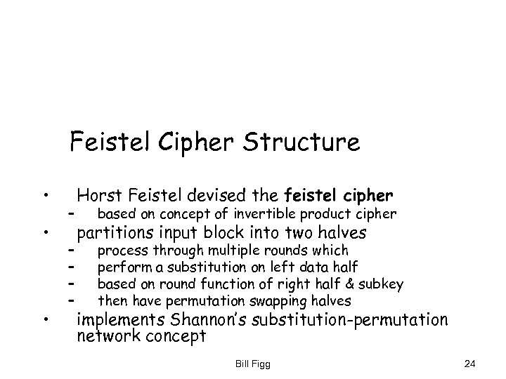 Feistel Cipher Structure • • • – – – Horst Feistel devised the feistel