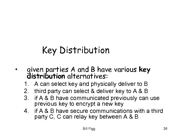 Key Distribution • given parties A and B have various key distribution alternatives: 1.