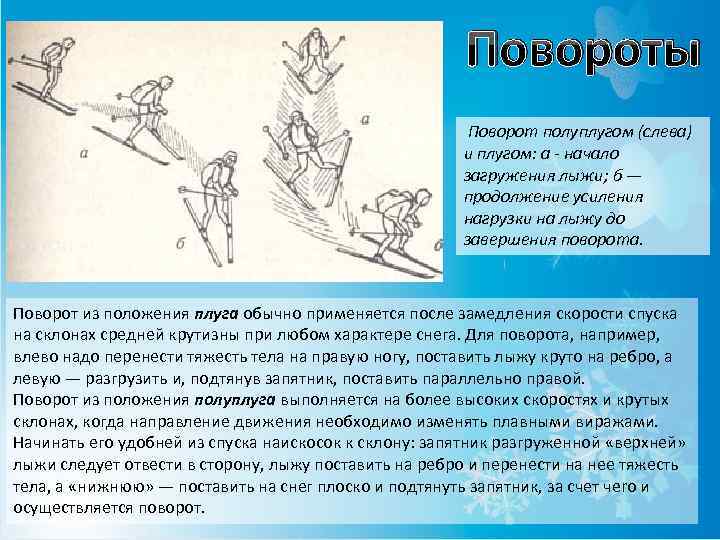 Классификация спусков. Поворот полуплугом на лыжах. Техника поворотов на лыжах. Техника торможения на лыжах. Поворот плугом на лыжах.