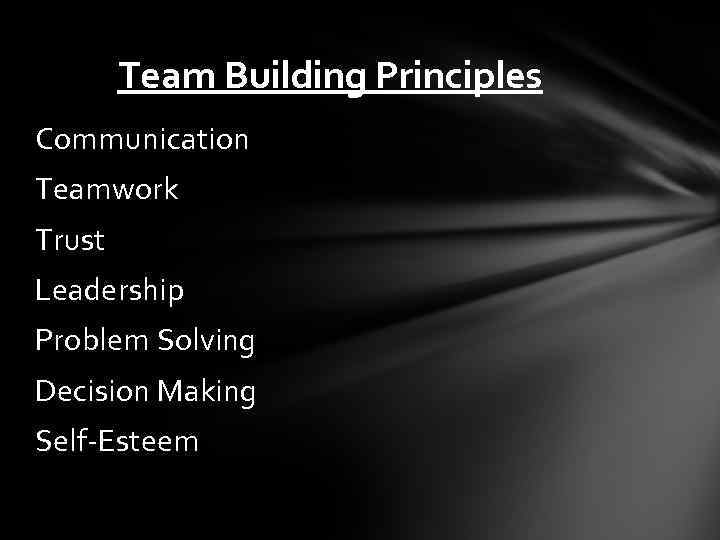Team Building Principles Communication Teamwork Trust Leadership Problem Solving Decision Making Self-Esteem 