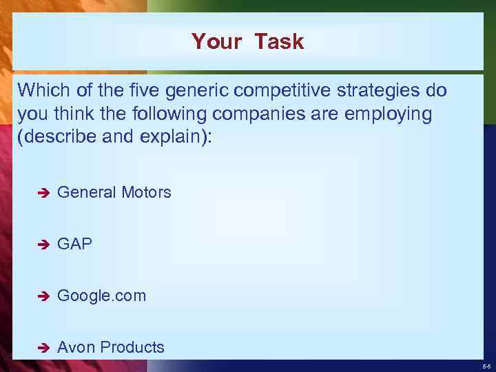 Your Task Which of the five generic competitive strategies do you think the following