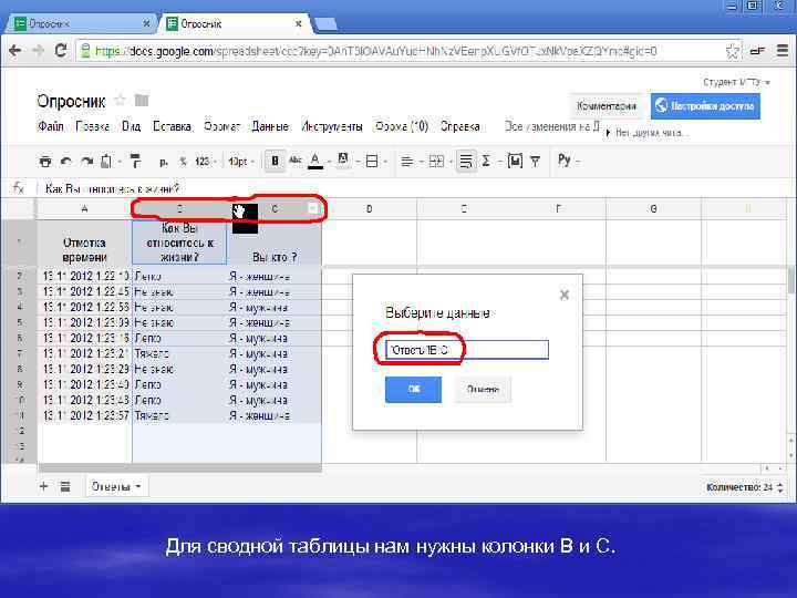 Для сводной таблицы нам нужны колонки B и C. 