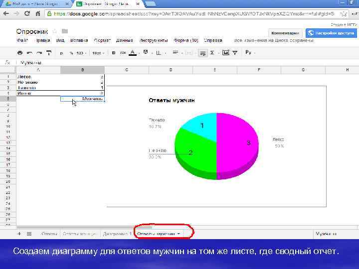 Создаем диаграмму для ответов мужчин на том же листе, где сводный отчет. 
