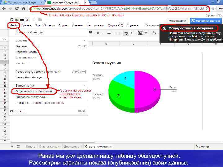 Ранее мы уже сделали нашу таблицу общедоступной. Рассмотрим варианты показа (опубликования) своих данных. 