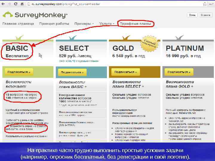 На практике часто трудно выполнить простые условия задачи (например, опросник бесплатный, без регистрации и