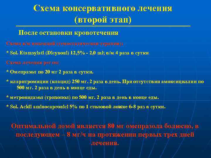 Схема консервативного лечения (второй этап) После остановки кровотечения Схема в/м инъекций (гемостатическая терапия): *