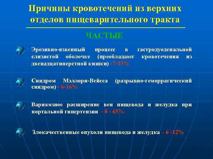 Причины кровотечений из верхних отделов пищеварительного тракта ЧАСТЫЕ Эрозивно-язвенный процесс в гастродуоденальной слизистой оболочке