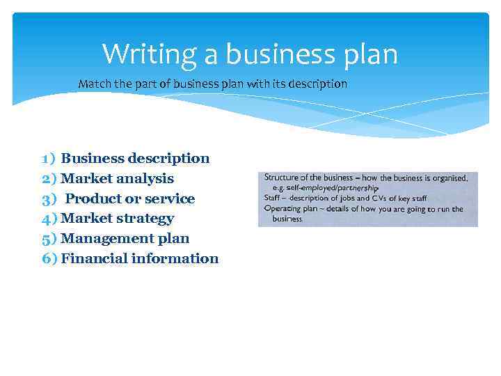 Writing a business plan Match the part of business plan with its description 1)