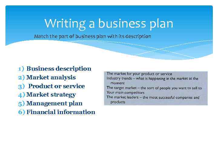 Writing a business plan Match the part of business plan with its description 1)