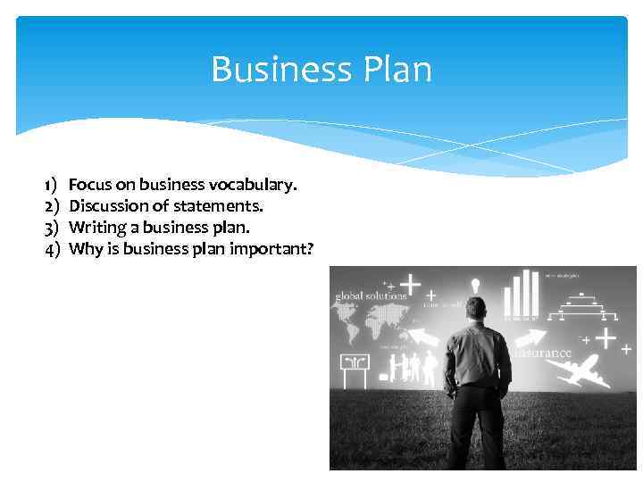 Business Plan 1) 2) 3) 4) Focus on business vocabulary. Discussion of statements. Writing