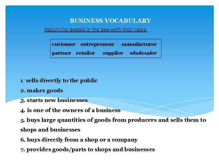 BUSINESS VOCABULARY Match the people in the box with their roles. customer partner entrepreneur