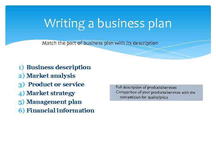 Writing a business plan Match the part of business plan with its description 1)