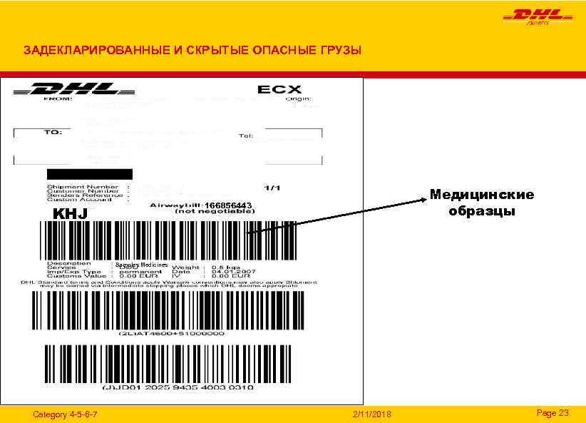 ЗАДЕКЛАРИРОВАННЫЕ И СКРЫТЫЕ ОПАСНЫЕ ГРУЗЫ Медицинские образцы 166856443 KHJ Samples Medicines Category 4 -5