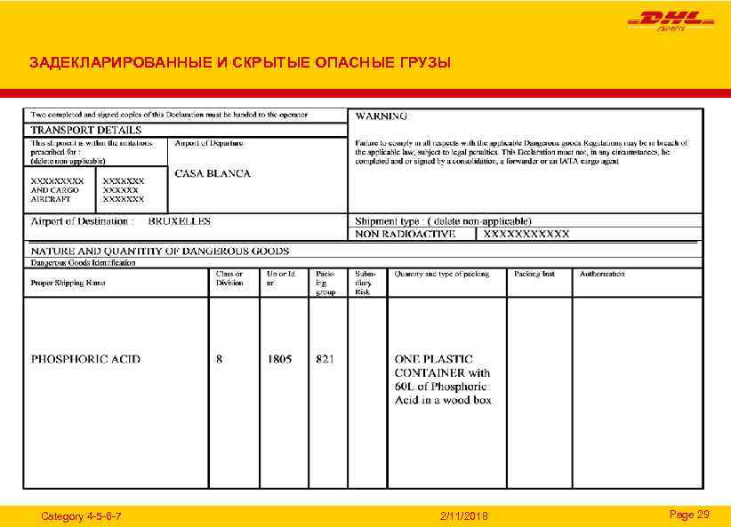 ЗАДЕКЛАРИРОВАННЫЕ И СКРЫТЫЕ ОПАСНЫЕ ГРУЗЫ Category 4 -5 -6 -7 2/11/2018 Page 29 