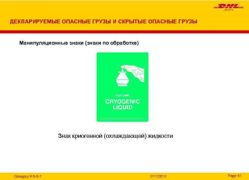 ДЕКЛАРИРУЕМЫЕ ОПАСНЫЕ ГРУЗЫ И СКРЫТЫЕ ОПАСНЫЕ ГРУЗЫ Манипуляционные знаки (знаки по обработке) Знак криогенной