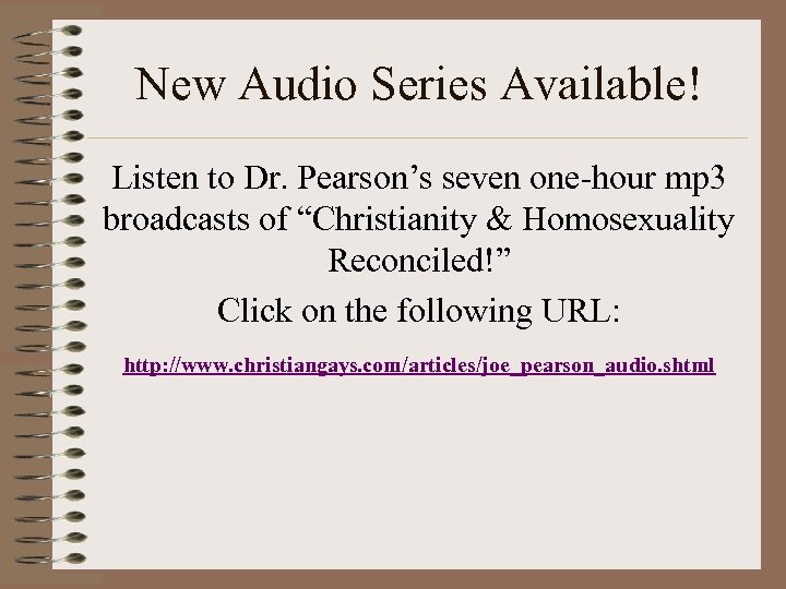 New Audio Series Available! Listen to Dr. Pearson’s seven one-hour mp 3 broadcasts of