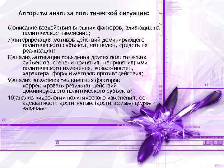 Алгоритм анализа политической ситуации: 6)описание воздействия внешних факторов, влияющих на политическое изменение; 7)интерпретация мотивов