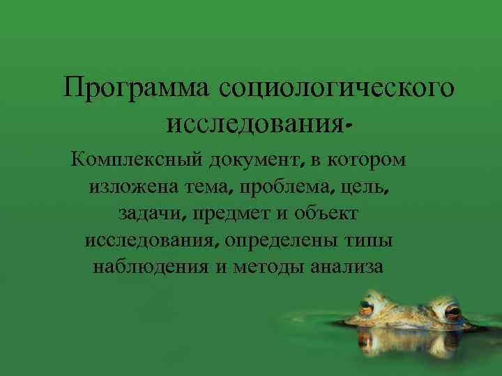 Программа социологического исследования. Комплексный документ, в котором изложена тема, проблема, цель, задачи, предмет и