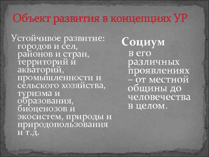 Объект развития в концепциях УР Устойчивое развитие: городов и сел, районов и стран, территорий