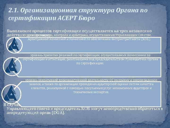 2. 1. Организационная структура Органа по сертификации АСЕРТ Бюро Выполнение процессов сертификации осуществляется на