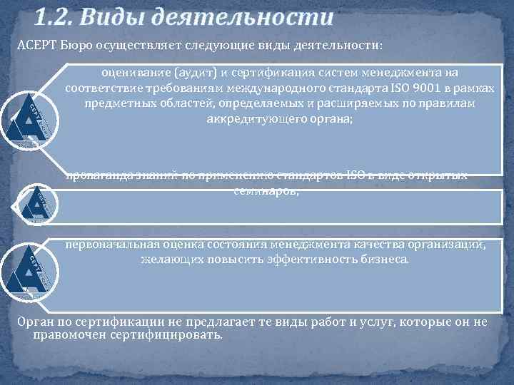 1. 2. Виды деятельности АСЕРТ Бюро осуществляет следующие виды деятельности: оценивание (аудит) и сертификация