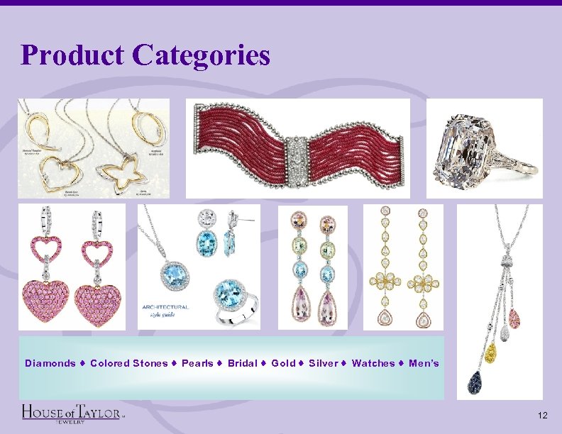 Product Categories Diamonds Colored Stones Pearls Bridal Gold Silver Watches Men’s 12 