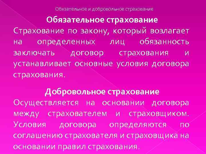 Обязательное и добровольное страхование Обязательное страхование Страхование по закону, который возлагает на определенных лиц