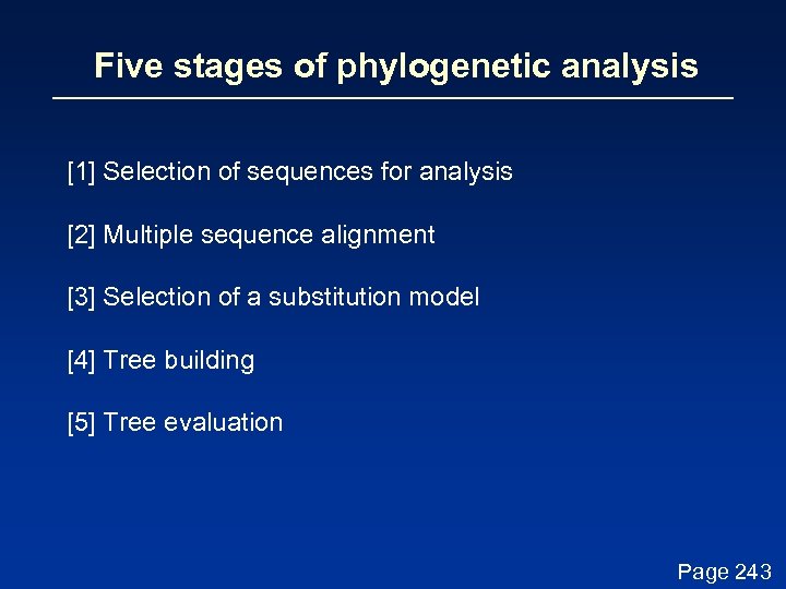 Five stages of phylogenetic analysis [1] Selection of sequences for analysis [2] Multiple sequence