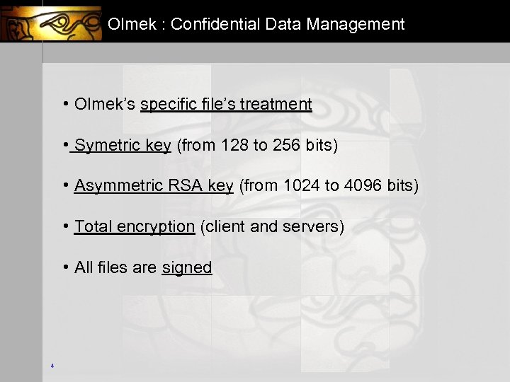 Olmek : Confidential Data Management • Olmek’s specific file’s treatment • Symetric key (from