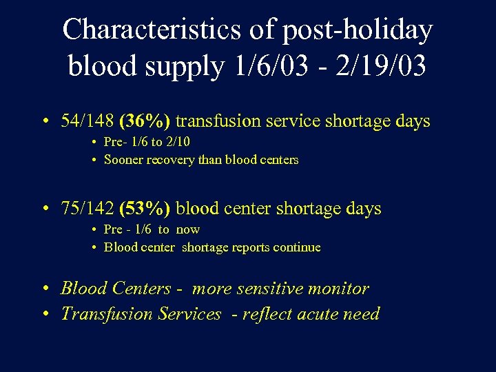 Characteristics of post-holiday blood supply 1/6/03 - 2/19/03 • 54/148 (36%) transfusion service shortage