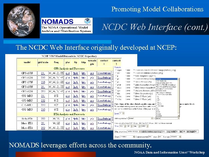 Promoting Model Collaborations NCDC Web Interface (cont. ) The NCDC Web Interface originally developed