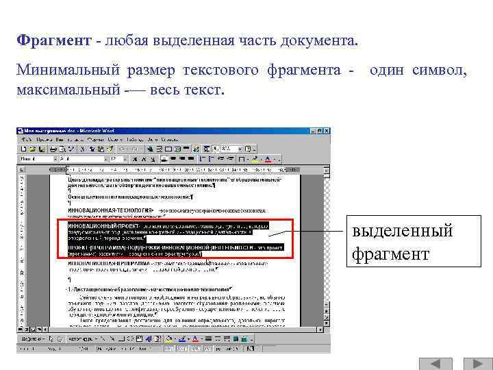 Фрагмент - любая выделенная часть документа. Минимальный размер текстового фрагмента - один символ, максимальный